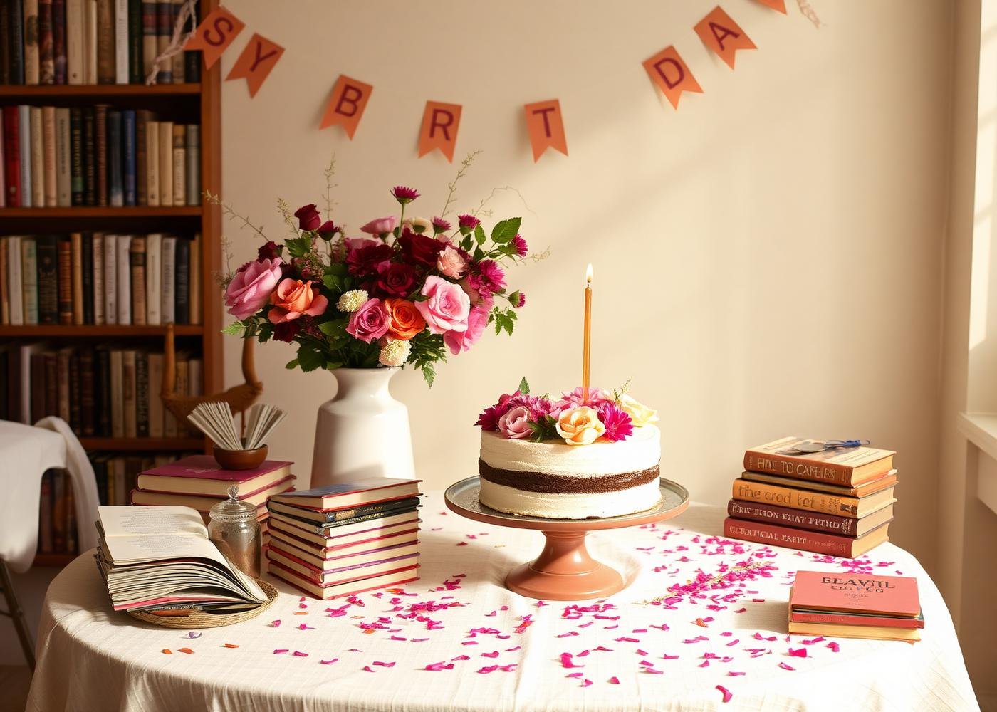 Mesa de celebración con tarta, flores y libros