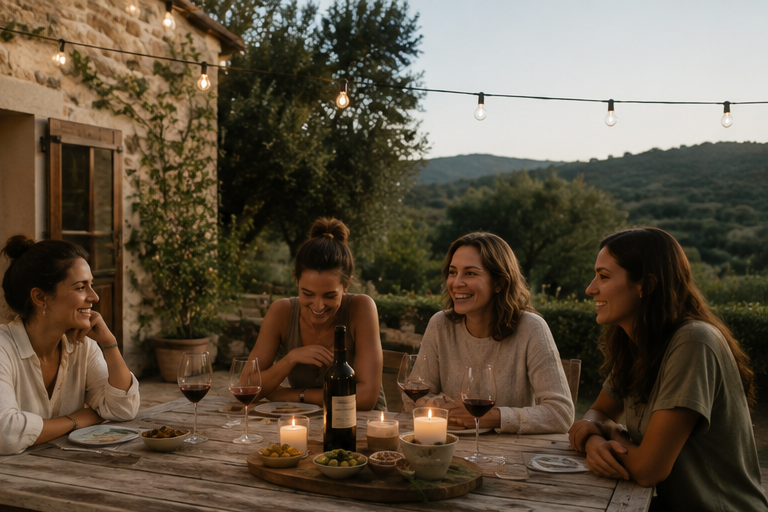 Cena al aire libre entre lectoras bajo guirnaldas de luces