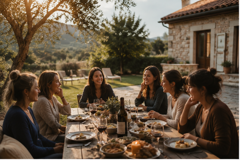 Grupo de lectoras conversando en una mesa larga al aire libre