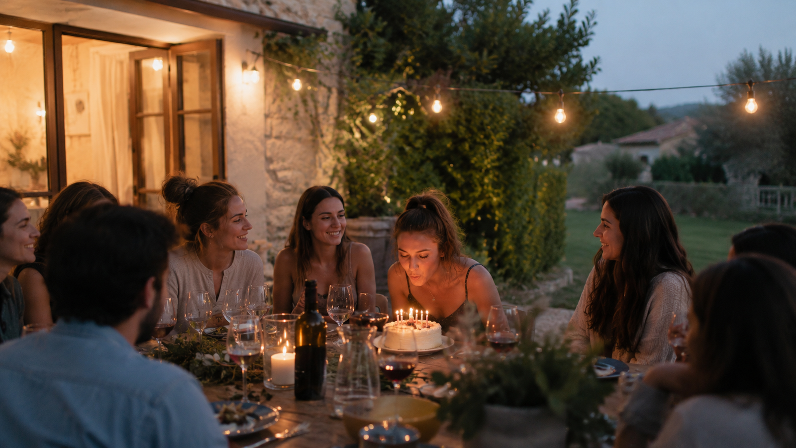 Celebración al atardecer con amigas alrededor de una mesa