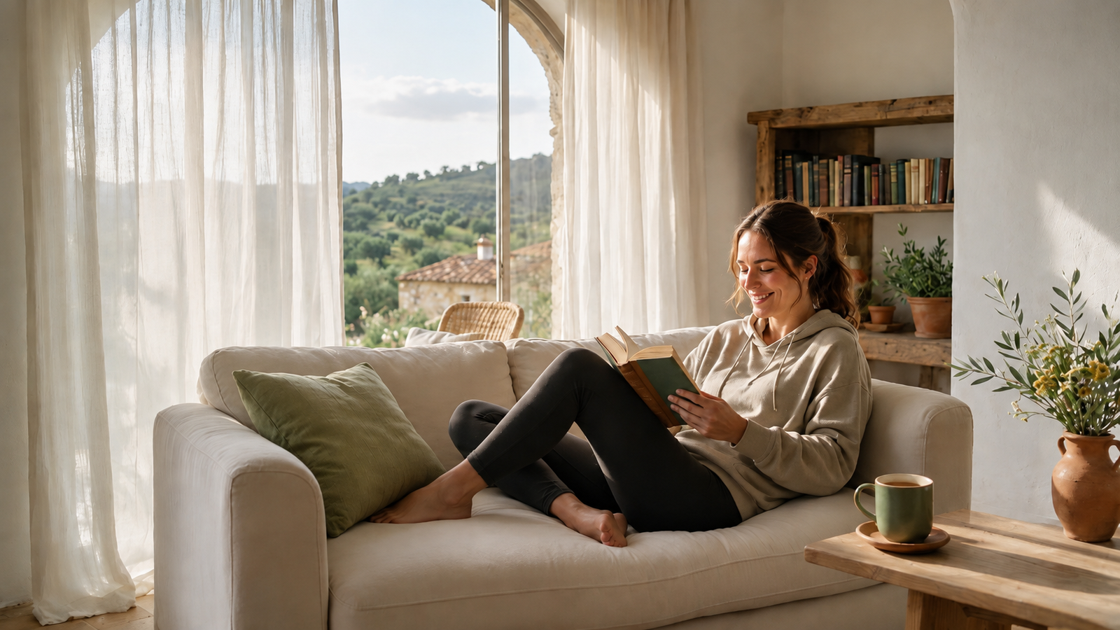Lectora leyendo en un sofá junto a una ventana con vistas al campo